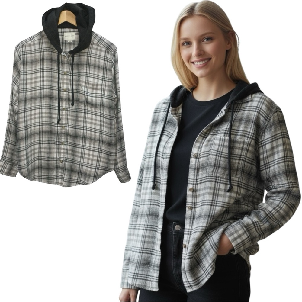 American Eagle Plaid Hooded Hoodie Flannel Shirt - Women’s XS